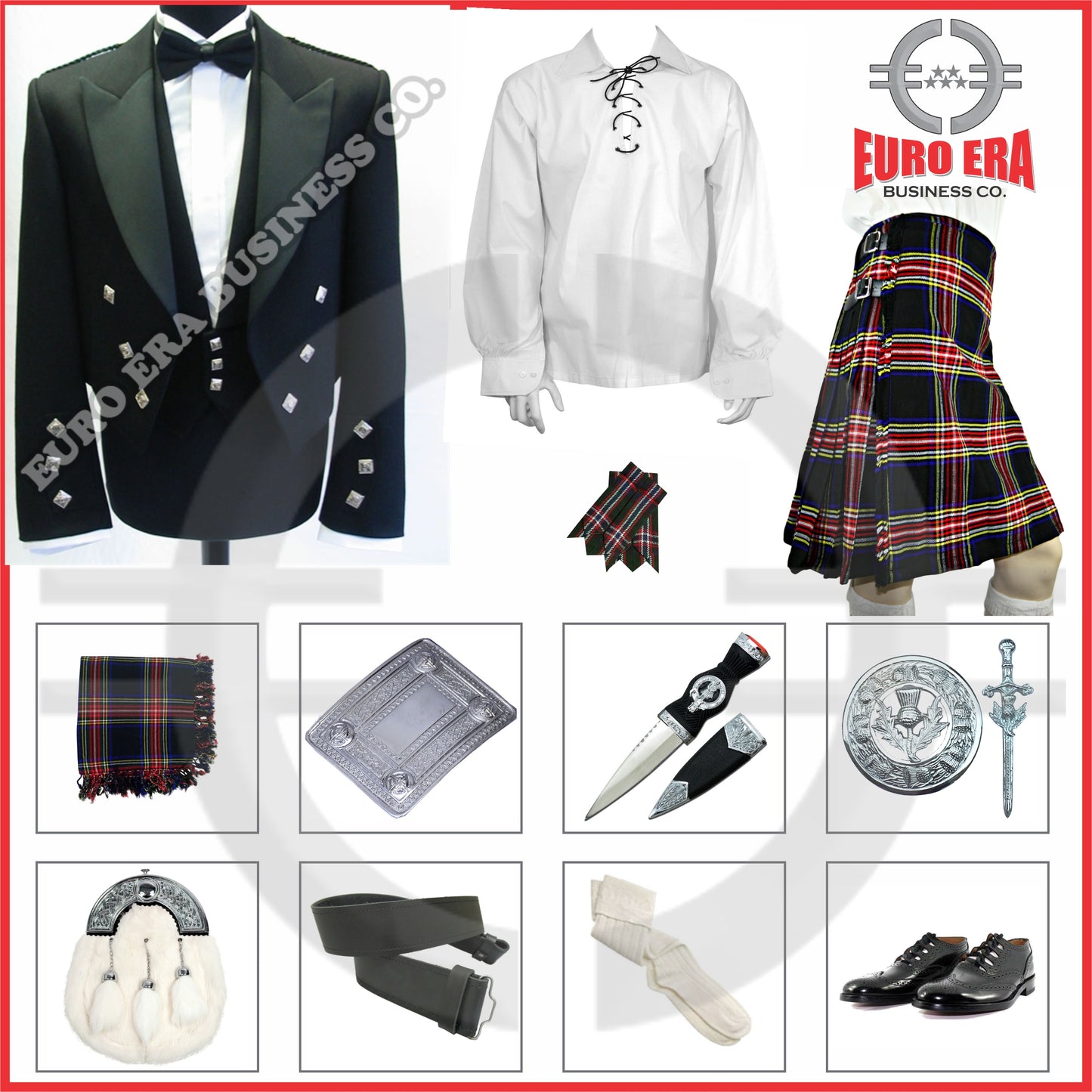 Scottish Prince Charlie Jacket & Traditional Black Stewart Kilt Outfit Set