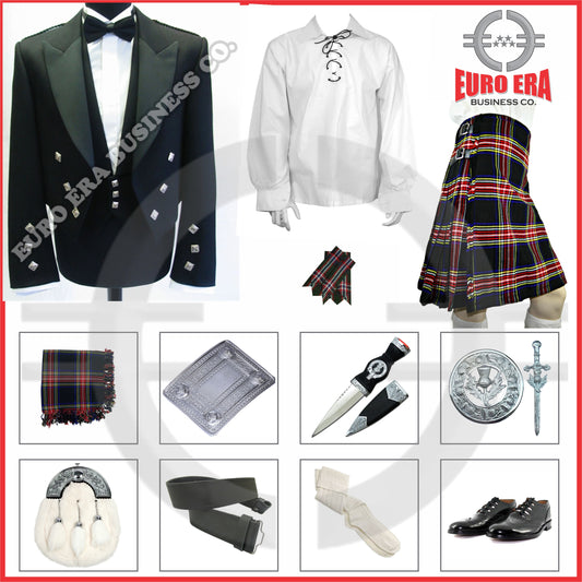 Scottish Prince Charlie Jacket & Traditional Black Stewart Kilt Outfit Set