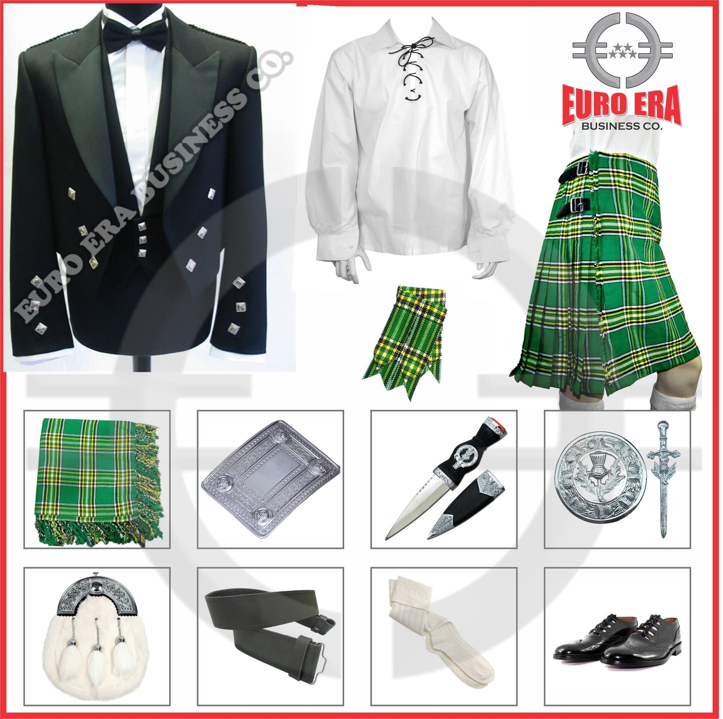 Scottish Prince Charlie Jacket & National Irish Heritage Kilt Outfit Set