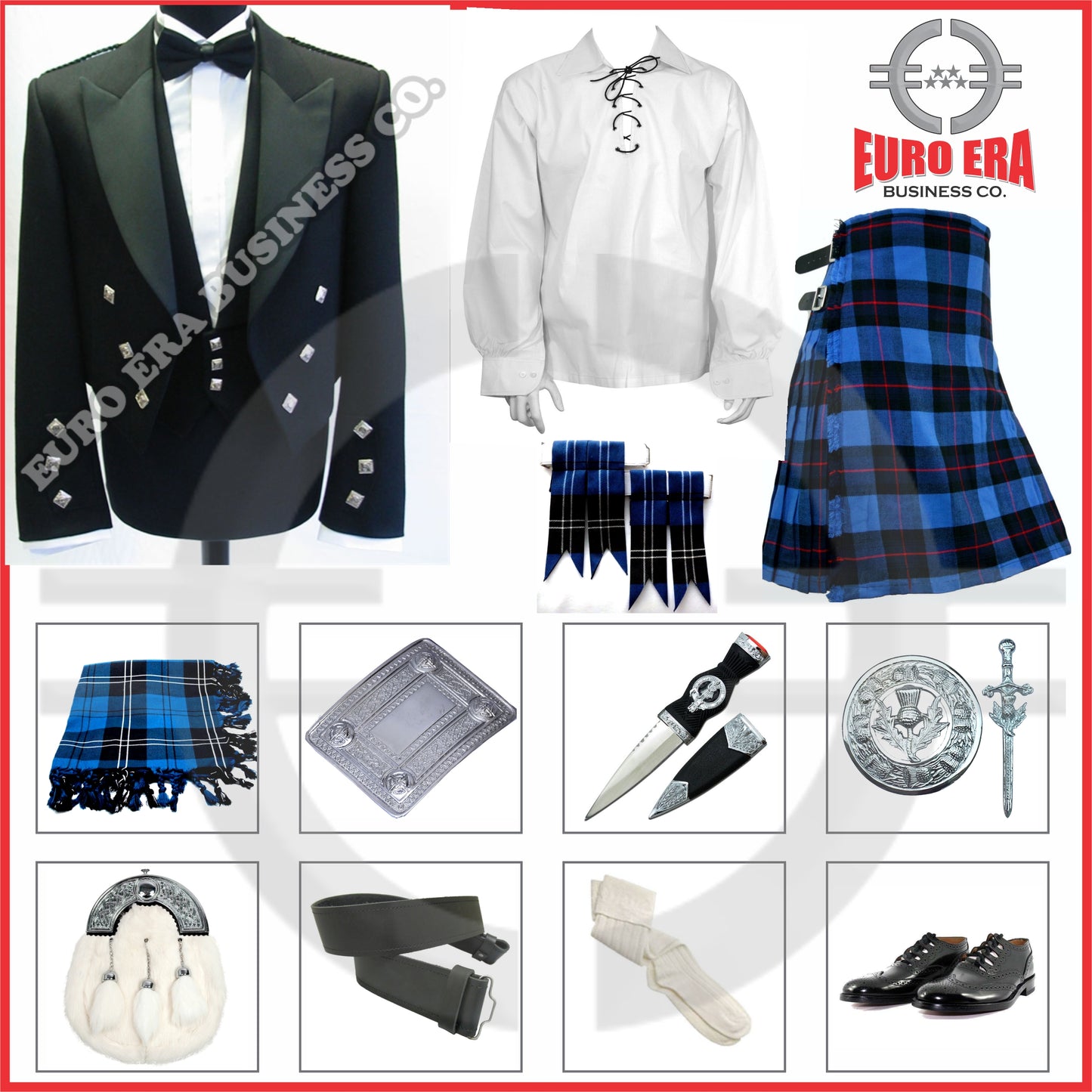 Scottish Prince Charlie Jacket & Ramsay Blue Kilt Outfit Set